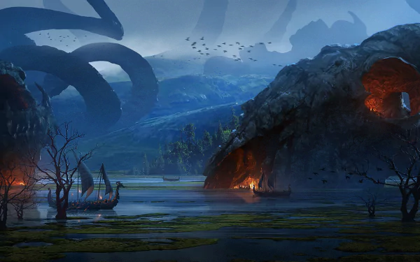 HD desktop wallpaper featuring a fantasy Viking scene with a drakkar anchored in a mysterious landscape. Giant tentacles loom in the background, while fires burn within large cavernous structures.