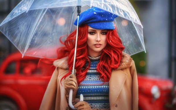 Women Model Umbrella Hat Red Hair Coat HD Wallpaper | Background Image