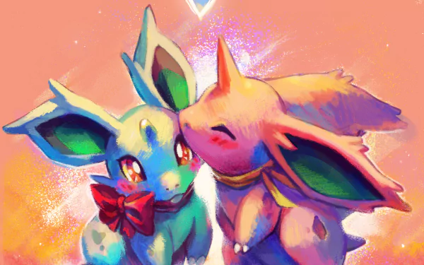 Anime-style HD PC desktop wallpaper featuring two Nidoran (Pokémon): a teal Nidoran with a red bow nuzzled by a pink Nidoran beneath a small glowing heart.