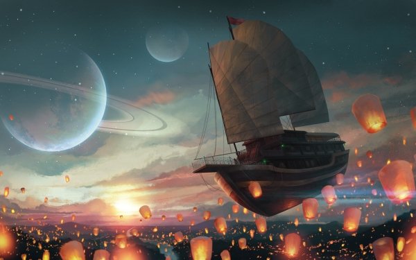 Fantasy Ship Lantern Landscape Planet HD Wallpaper | Background Image