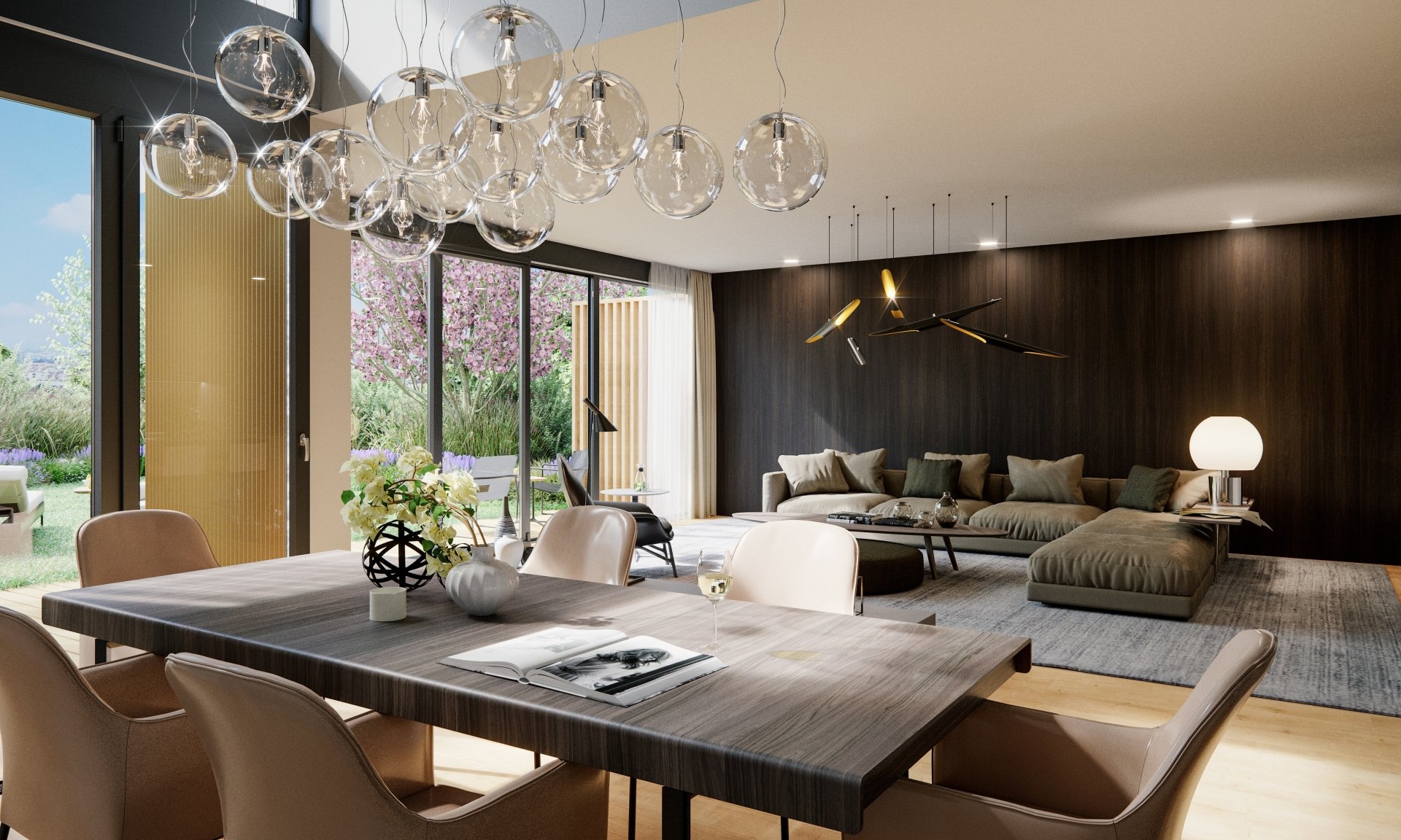 Modern living room featuring contemporary furniture, large windows with garden views, and stylish lighting, captured in 4K Ultra HD for a sleek PC desktop wallpaper.