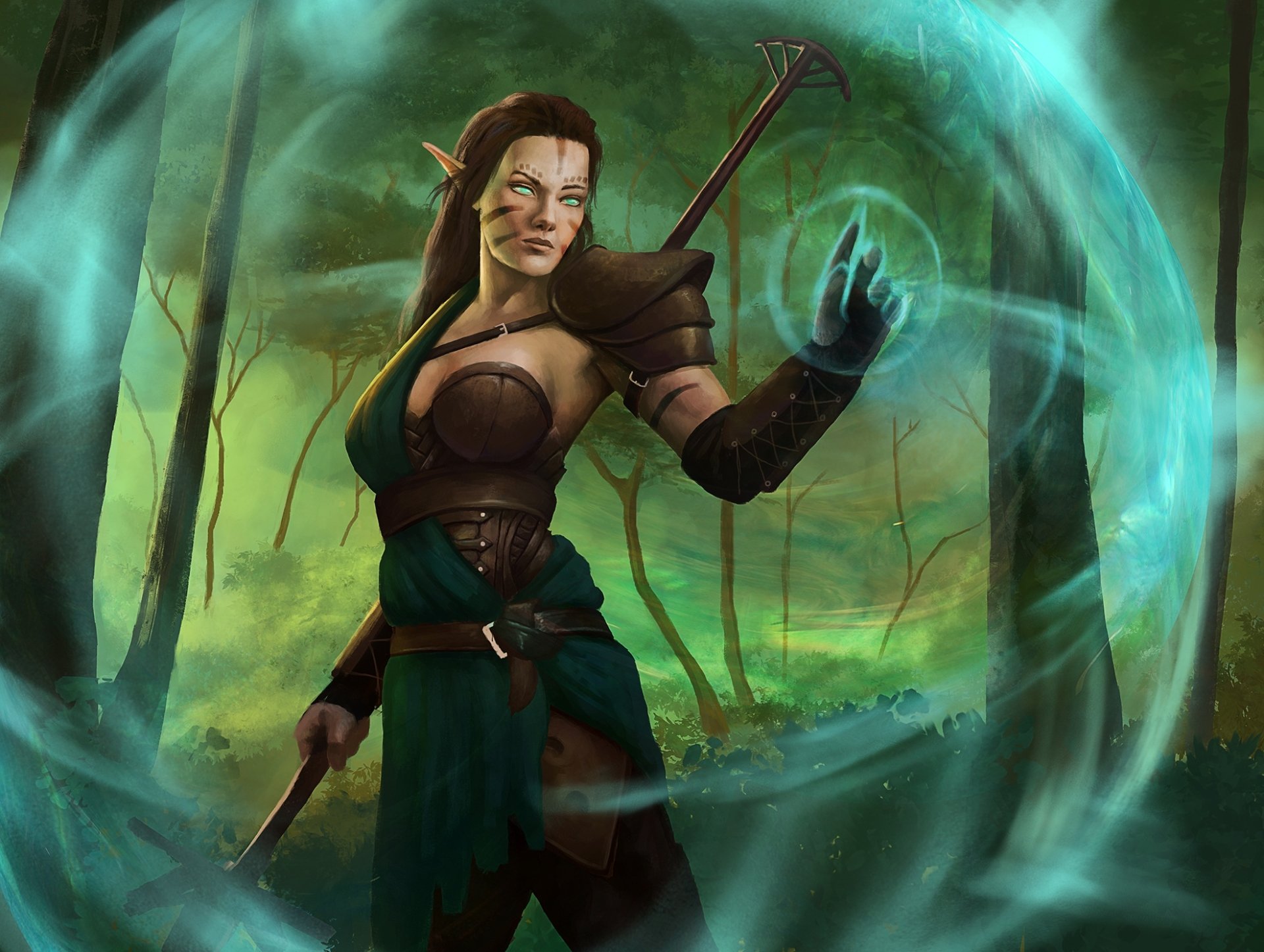 HD PC desktop wallpaper: brown-haired, green-eyed elf in a forest, casting swirling magic with a staff, wearing fantasy armor amid glowing energy.
