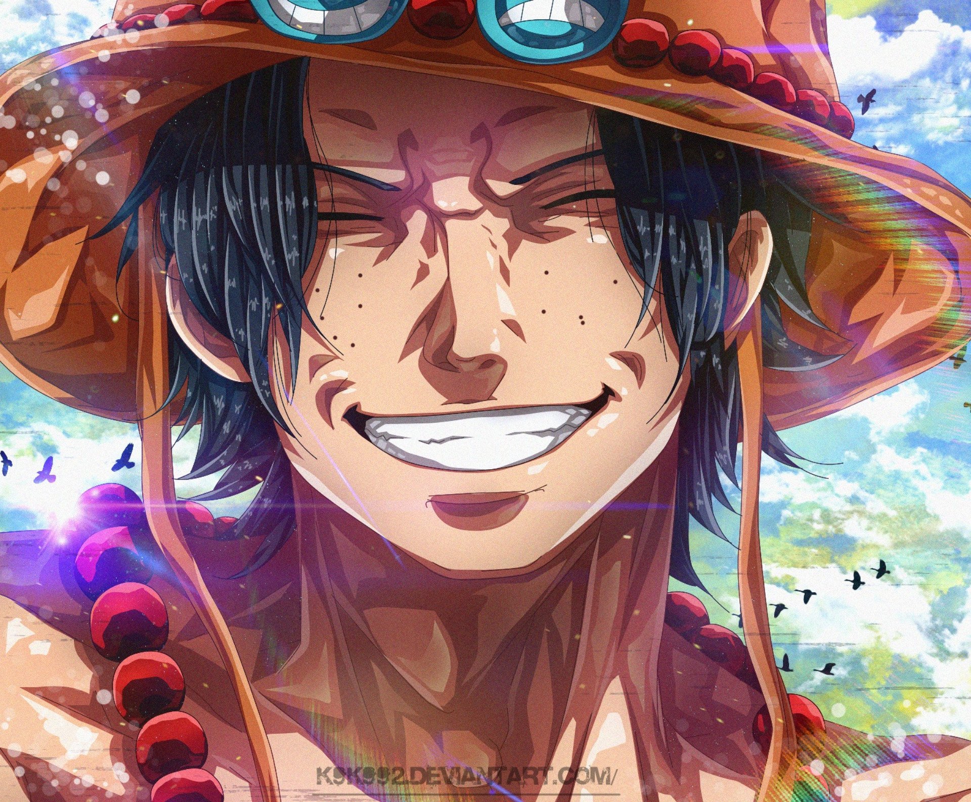 HD anime desktop wallpaper featuring Portgas D. Ace from One Piece, smiling brightly against a vibrant sky background.