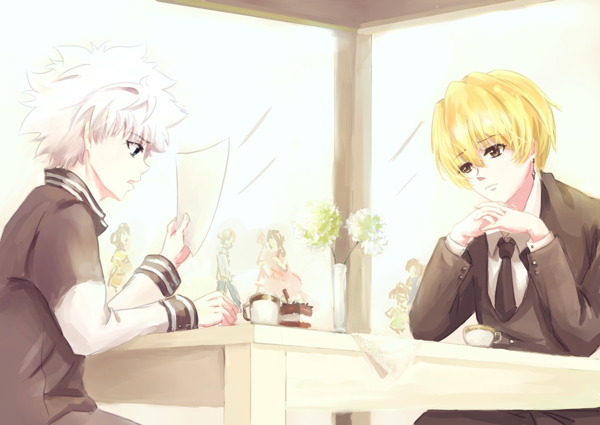 HD anime desktop wallpaper featuring Killua Zoldyck and Kurapika from Hunter × Hunter in a softly lit café setting.