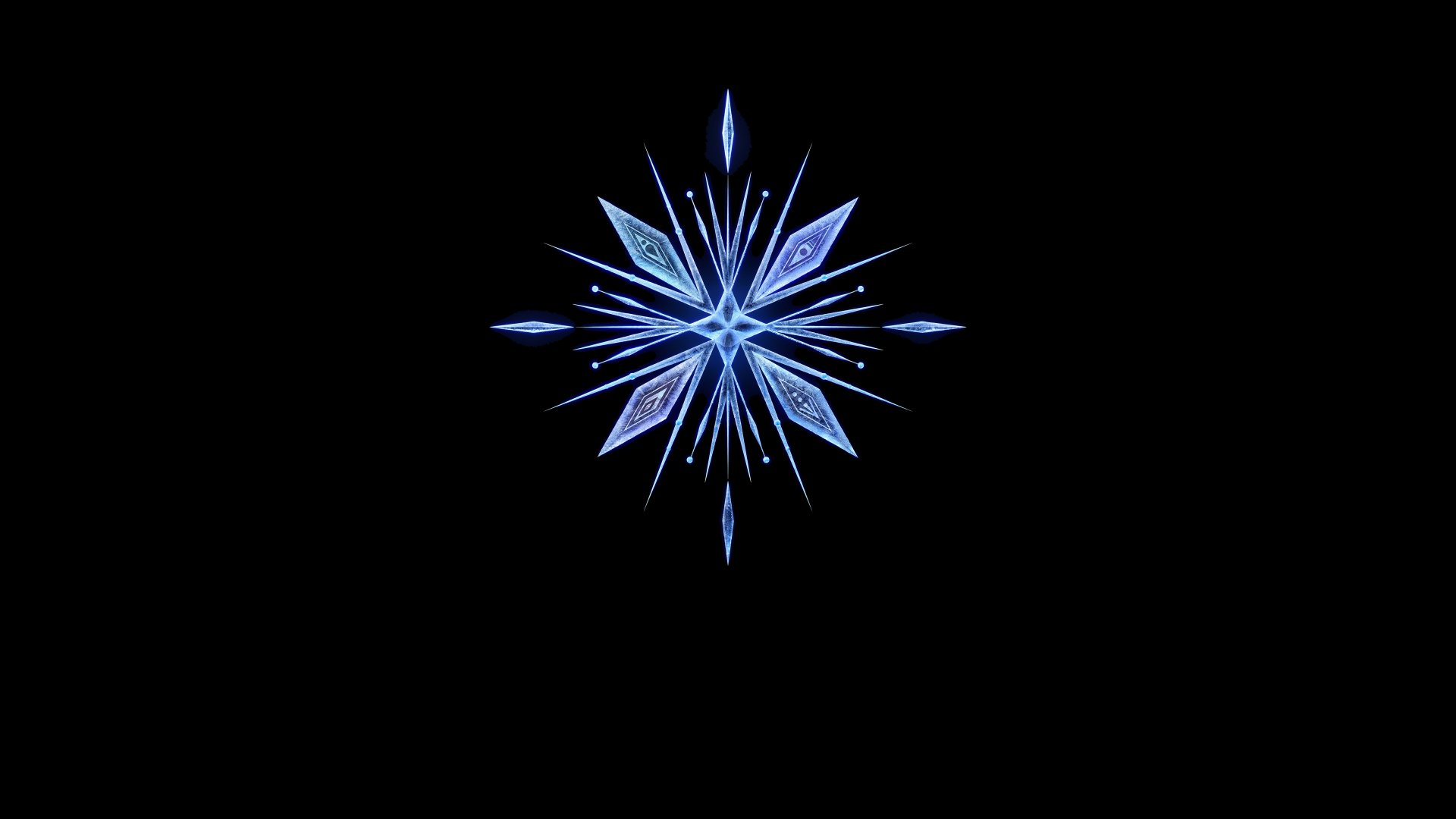 HD desktop wallpaper of Frozen 2 featuring a radiant blue snowflake design against a black background.