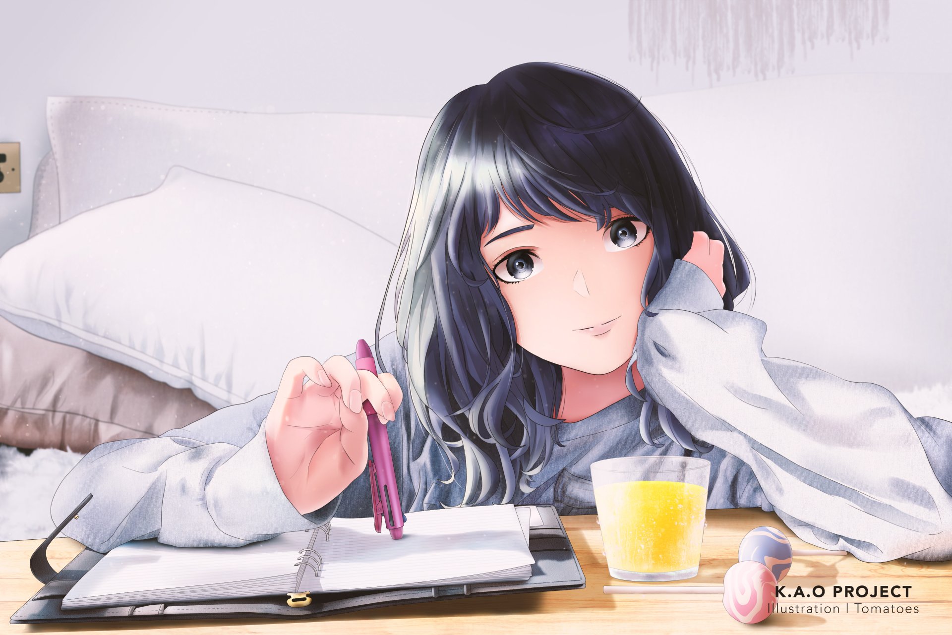 A realistic anime character with black hair rests on pillows, holding a pen and notebook, with a glass of juice nearby, showcasing a serene and creative atmosphere. 4K Ultra HD wallpaper.