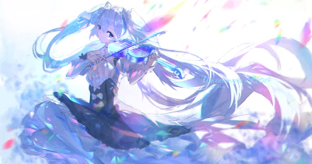Hatsune Miku in an enchanting anime style plays the violin, surrounded by vibrant colors and ethereal light. This HD desktop wallpaper highlights the Vocaloid character beautifully.