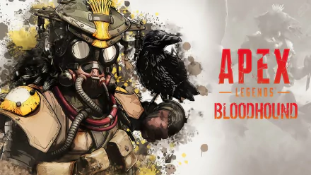 HD desktop wallpaper featuring Bloodhound from the video game Apex Legends. Bloodhound is depicted with detailed gear and a raven, alongside the Apex Legends logo.
