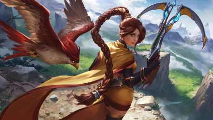 HD PC wallpaper featuring Cassie, a brown-haired female warrior from Paladins, wielding a crossbow with a large eagle in a mountainous landscape.