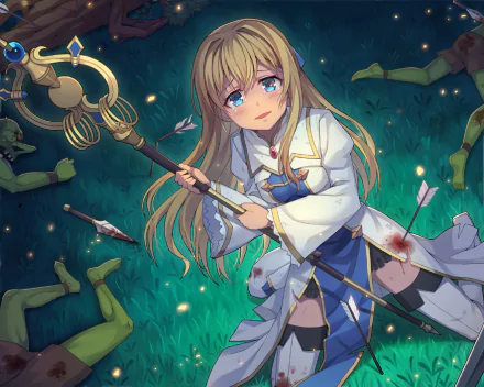 HD anime desktop wallpaper featuring Priestess from Goblin Slayer, depicted in detailed attire with her staff, set against a dark forest floor with scattered arrows and goblin limbs.