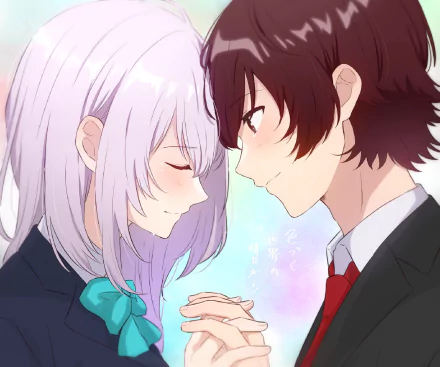 HD PC desktop wallpaper of Yuito Aoi and Hitomi Tsukishiro from Iroduku: The World in Colors — anime close-up, faces near and hands clasped over a soft pastel background.