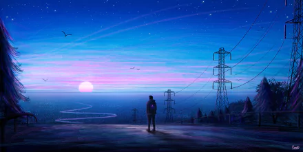 A lone figure gazes at a dream-like sunset over a serene landscape with power lines extending into the distance. The sky blends shades of blue and pink, creating a fantasy atmosphere. HD desktop wallpaper.