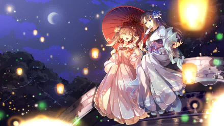 Anime-style HD desktop wallpaper featuring two friends in traditional attire under a glowing moonlit night, surrounded by floating lanterns and soft light.