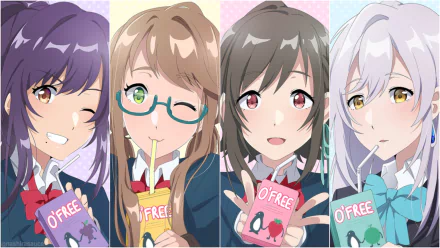 HD PC wallpaper of Asagi Kazano, Kurumi Kawai, Kohaku Tsukishiro and Hitomi Tsukishiro from the anime Iroduku: The World in Colors, each holding colorful drinks against pastel panels