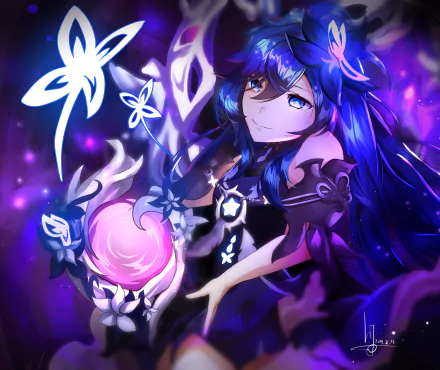 4K Ultra HD PC desktop wallpaper featuring Nisha Labyrinth from the video game Elsword, surrounded by glowing butterflies and mystical purple energy.