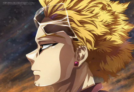 HD PC desktop wallpaper of Keigo Takami (Hawks) from My Hero Academia — side profile of the blond, winglike-haired hero with an earring and determined gaze against a dramatic sky.