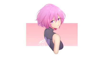 Anime Mashu Kyrielight from Fate/Grand Order with short pink hair and purple eyes, glancing back against a soft pink rectangle — 5K Ultra HD PC desktop wallpaper background.