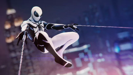 Spider-Man in a black and white suit swings through a cityscape from the PS4 video game, shown in vibrant 4K Ultra HD PC desktop wallpaper quality.