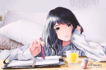 A realistic anime character with black hair rests on pillows, holding a pen and notebook, with a glass of juice nearby, showcasing a serene and creative atmosphere. 4K Ultra HD wallpaper.