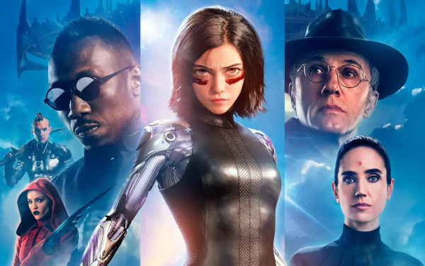 Alita: Battle Angel movie cast including Mahershala Ali, Jennifer Connelly, and Christoph Waltz featured in HD desktop wallpaper and background.