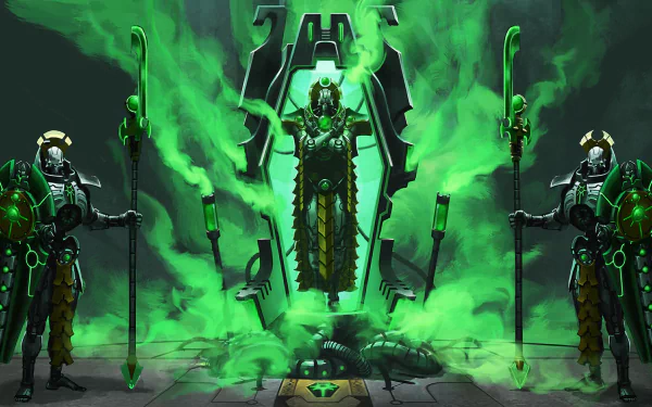 HD PC desktop wallpaper featuring Necrons from Warhammer 40k, showcasing two warriors flanking a central figure amidst green energy and futuristic weaponry.
