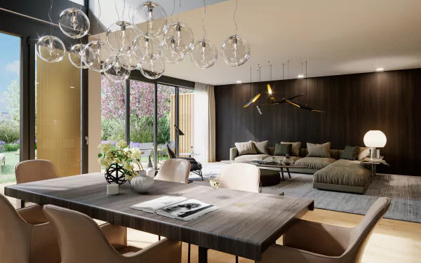 Modern living room featuring contemporary furniture, large windows with garden views, and stylish lighting, captured in 4K Ultra HD for a sleek PC desktop wallpaper.