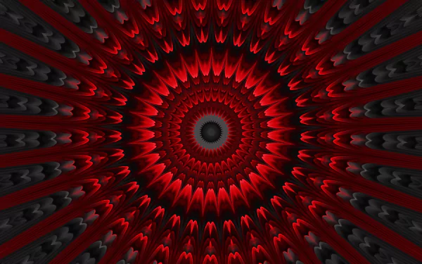 HD PC desktop wallpaper featuring an abstract red kaleidoscope pattern radiating from the center with intricate, symmetrical geometric shapes.