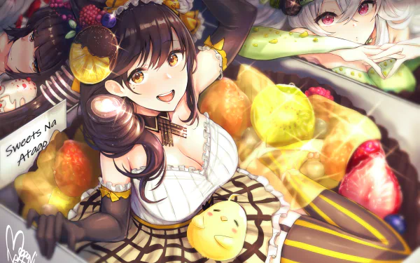 HD desktop wallpaper featuring Graf Zeppelin, Takao, and Atago from Azur Lane, surrounded by fruit and chicken in a vibrant, anime-style illustration.