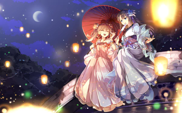 Anime-style HD desktop wallpaper featuring two friends in traditional attire under a glowing moonlit night, surrounded by floating lanterns and soft light.