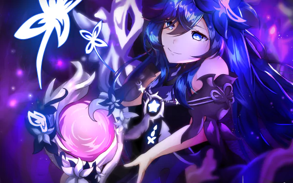 4K Ultra HD PC desktop wallpaper featuring Nisha Labyrinth from the video game Elsword, surrounded by glowing butterflies and mystical purple energy.
