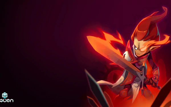 HD PC desktop wallpaper of Iop (Waven) from the video game Waven: a fiery red-orange warrior leaping with a flaming sword against a dark gradient background.