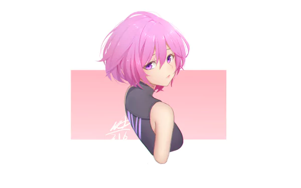 Anime Mashu Kyrielight from Fate/Grand Order with short pink hair and purple eyes, glancing back against a soft pink rectangle — 5K Ultra HD PC desktop wallpaper background.