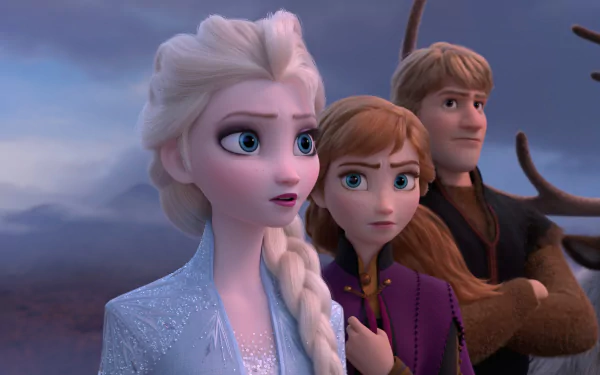 4K Ultra HD wallpaper featuring Kristoff, Anna, and Elsa from the Frozen 2 movie, set against a dramatic, cloudy background.