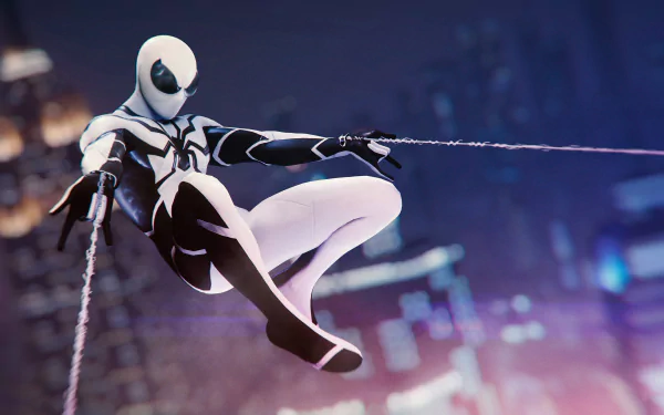 Spider-Man in a black and white suit swings through a cityscape from the PS4 video game, shown in vibrant 4K Ultra HD PC desktop wallpaper quality.