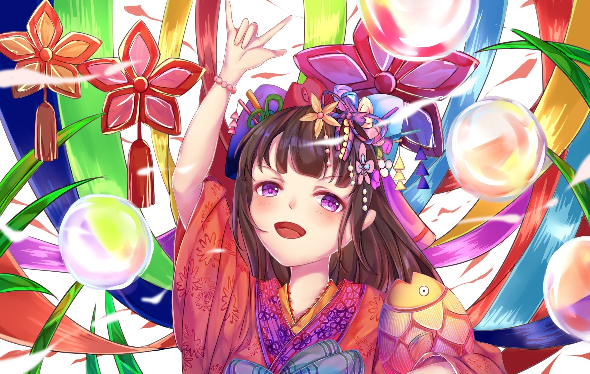 Vibrant anime-style original artwork featuring a joyful girl with elaborate accessories and colorful ribbons, designed as an HD PC desktop wallpaper and background.