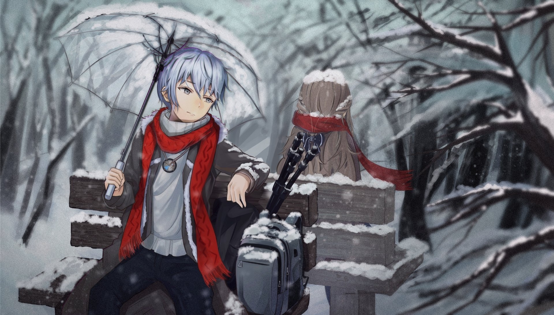 Anime-style original character in a snowy forest, holding an umbrella and sitting on a bench, captured in sharp detail for a 4K Ultra HD PC desktop wallpaper.