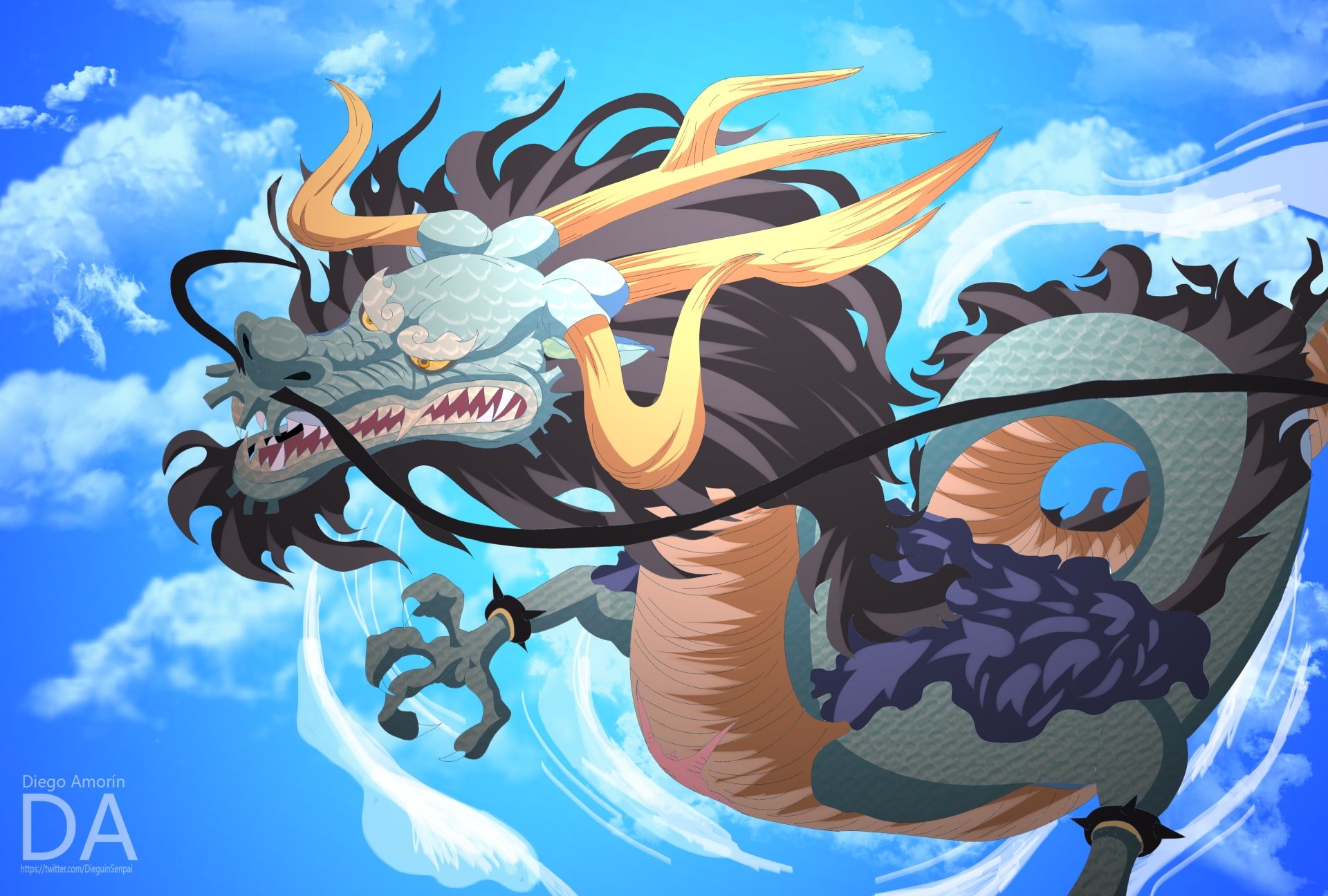 A vibrant 4K Ultra HD anime wallpaper featuring a detailed dragon from One Piece soaring against a bright blue sky with swirling clouds.