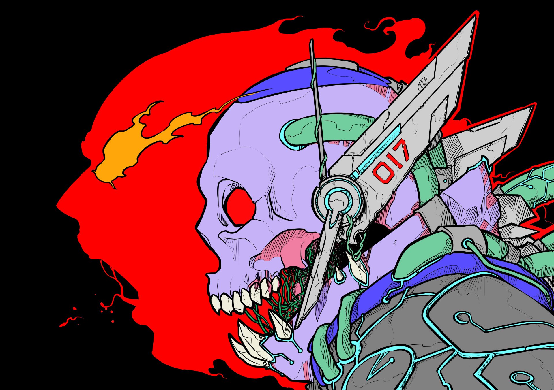 A dark-themed 4K Ultra HD PC desktop wallpaper featuring a detailed, futuristic skeleton with mechanical elements set against a fiery red and black background.