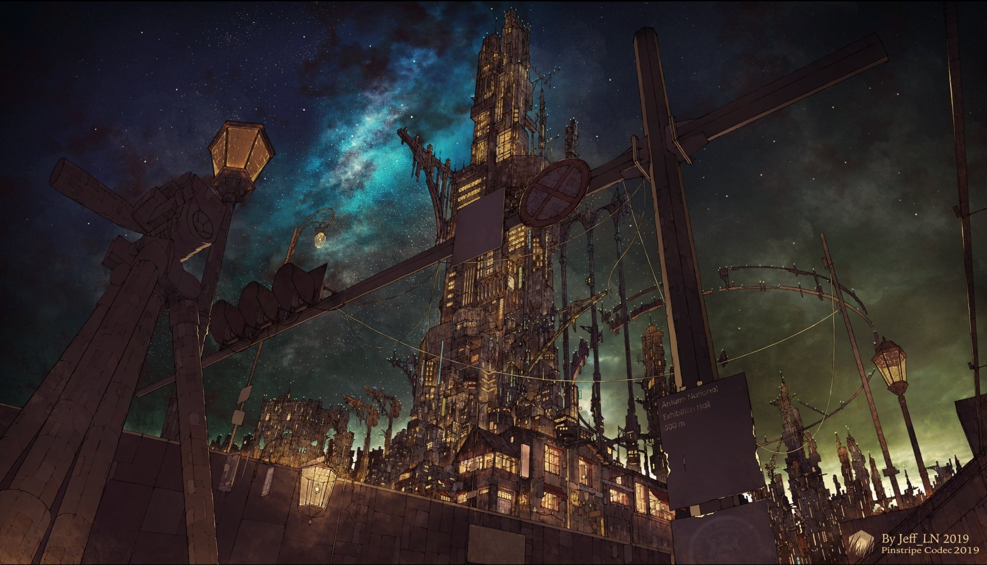 HD anime wallpaper featuring a gothic city at night. Dark skies with glowing stars and a tall, illuminated tower dominate the scene, creating a mysterious and captivating atmosphere.