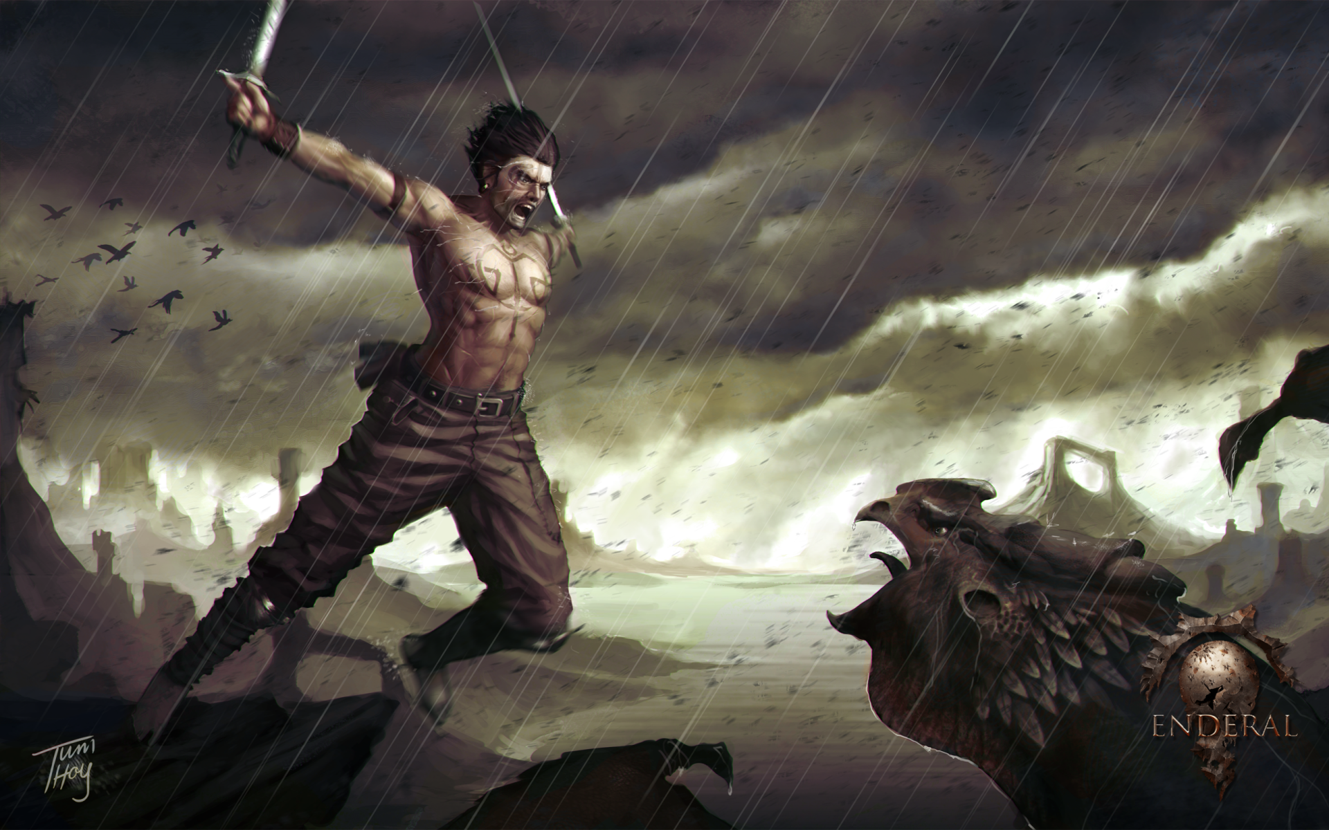 2K Quad HD PC desktop wallpaper: Enderal: The Shards of Order (The Elder Scrolls V: Skyrim) — shirtless warrior in rain facing a snarling dragon-like beast on a stormy shore.