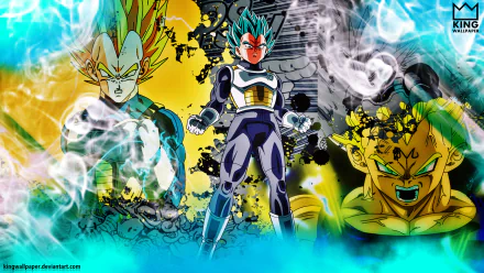 HD PC desktop wallpaper featuring Vegeta from Dragon Ball Super showcasing Super Saiyan, Super Saiyan Rage, and Super Saiyan Blue forms in dynamic anime style.
