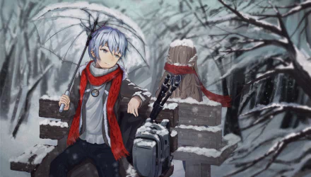 Anime-style original character in a snowy forest, holding an umbrella and sitting on a bench, captured in sharp detail for a 4K Ultra HD PC desktop wallpaper.