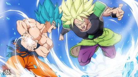 HD desktop wallpaper of an intense battle scene from Dragon Ball Super: Broly, featuring Goku in Super Saiyan Blue form and Broly in Super Saiyan Green form, against a dynamic, vibrant background.