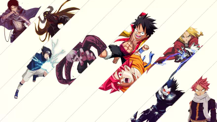 Vibrant 4K Ultra HD anime crossover wallpaper featuring dynamic characters from multiple series layered diagonally on a clean white background for PC desktop.