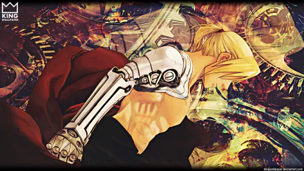 HD PC desktop wallpaper featuring Edward Elric from Fullmetal Alchemist: Brotherhood in dynamic anime style with intricate mechanical and alchemical background elements.