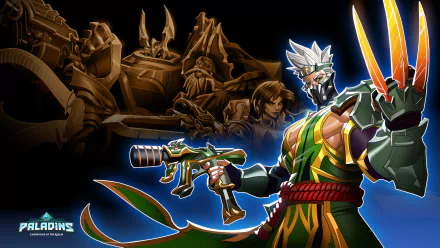 HD PC desktop wallpaper of Koga (Paladins) from the Paladins video game: vibrant character art of Koga wielding blades and a rifle with silhouetted champions in the background.