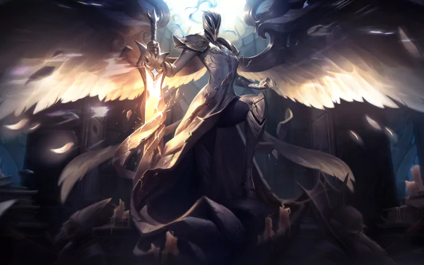 HD desktop wallpaper featuring Kayle from the video game League of Legends, depicting the character in full armor with glowing wings and a sword, amidst a dramatic and dark background.