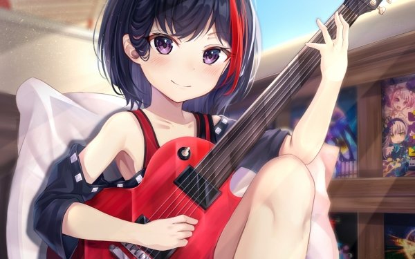 Anime BanG Dream! Girls Band Party! Ran Mitake Guitar Short Hair Purple Eyes Blush Blue Hair HD Wallpaper | Background Image