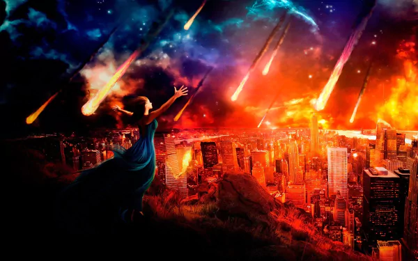 Sci-fi apocalyptic HD PC desktop wallpaper: a lone figure on a cliff reaches toward a burning city as meteors rain down and a neon-blue sky clashes with orange inferno.
