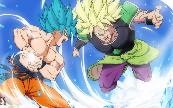 HD desktop wallpaper of an intense battle scene from Dragon Ball Super: Broly, featuring Goku in Super Saiyan Blue form and Broly in Super Saiyan Green form, against a dynamic, vibrant background.